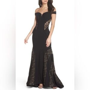 Xscape Off the Shoulder Lace Inset Gown Elegant Black Lace Off-Shoulder Dress